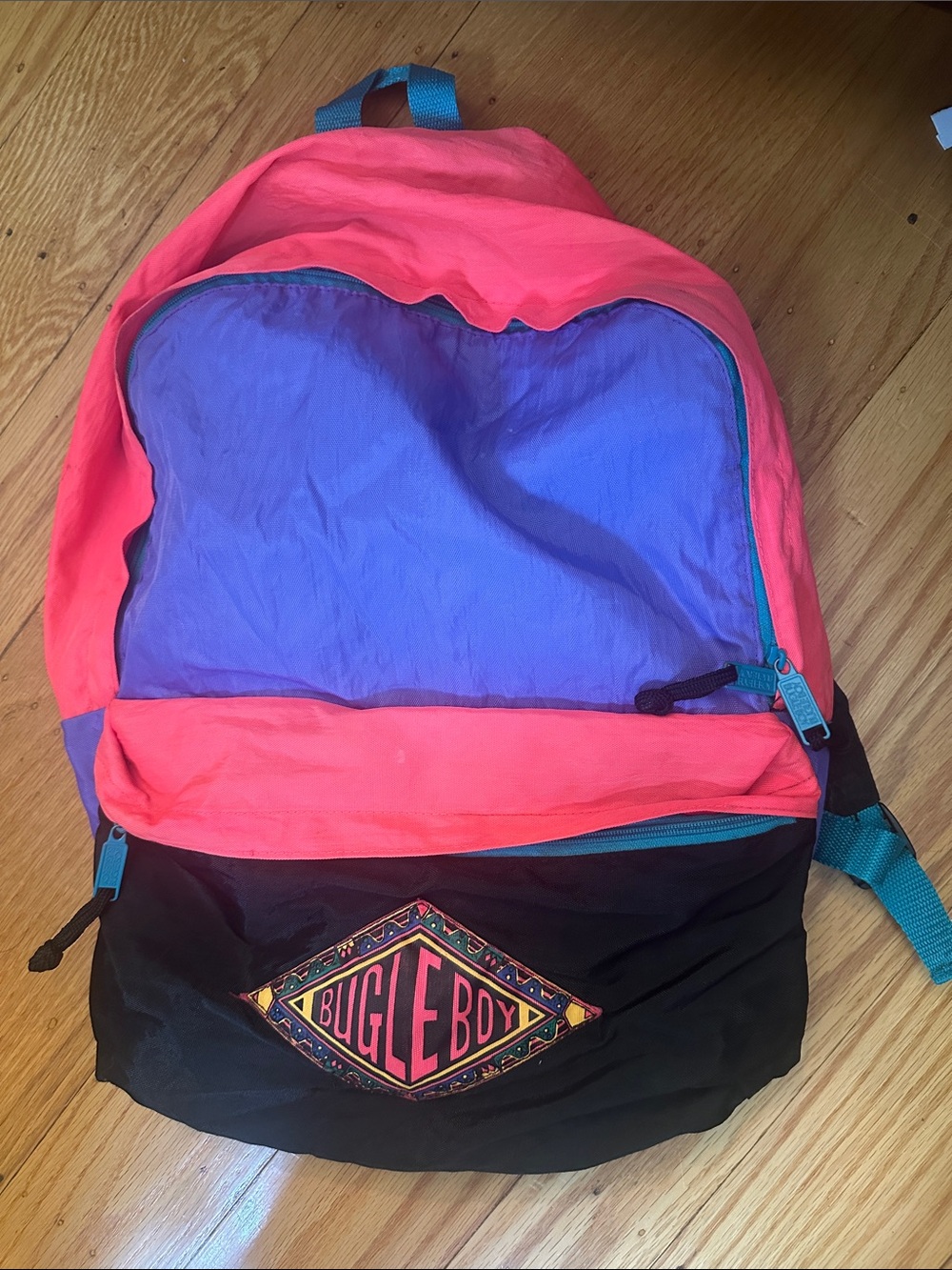 Bugle Boy Colorblock Backpack in Coral, Purple & Black, halloween, y2k, vintage